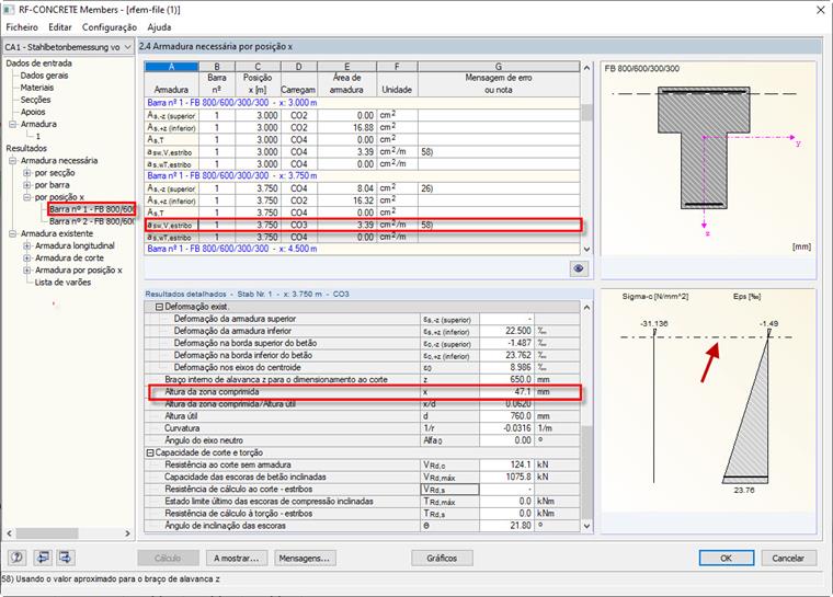Altura da zona comprimida e posição do eixo neutro na janela "2.4 Armadura necessária por posição x"