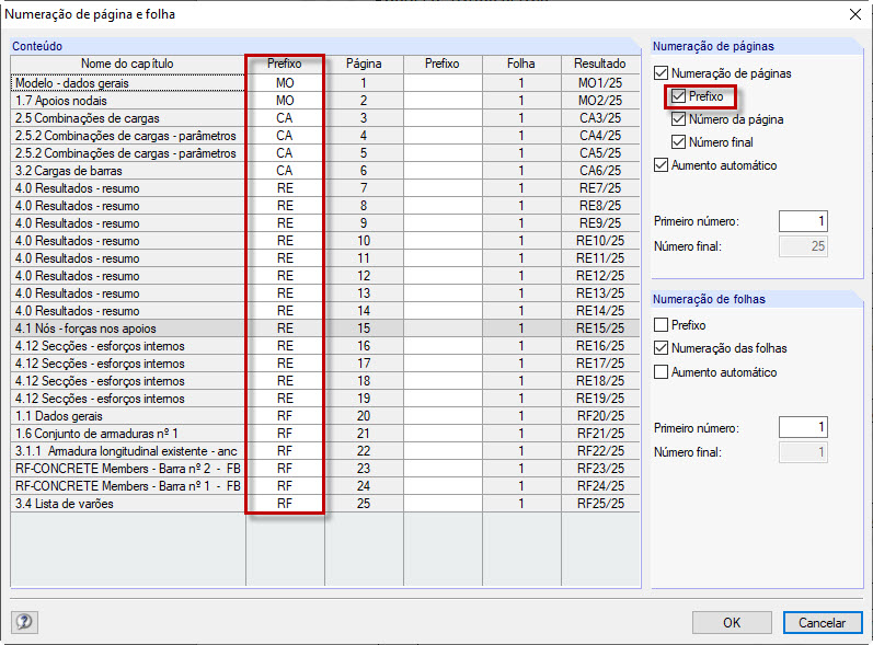 Configuração para a numeração