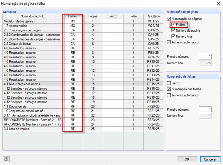 Configuração para a numeração