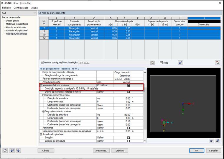 Janela "1.5 Nós de punçoamento" – Momentos fletores mínimos – Condição cumprida