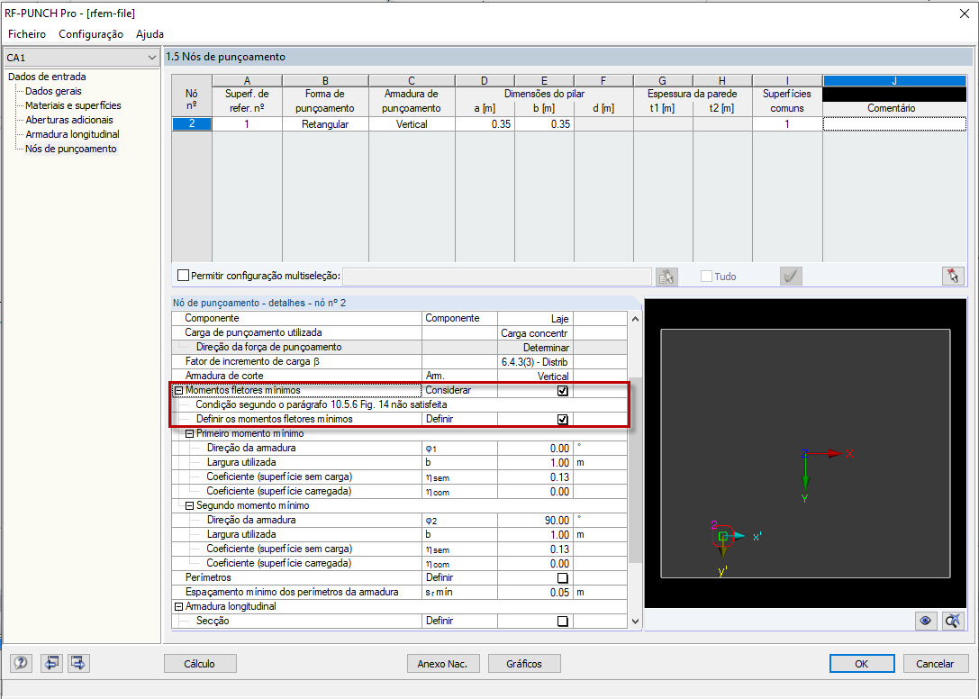 Janela "1.5 Nós de punçoamento" – Momentos fletores mínimos – Condição não cumprida