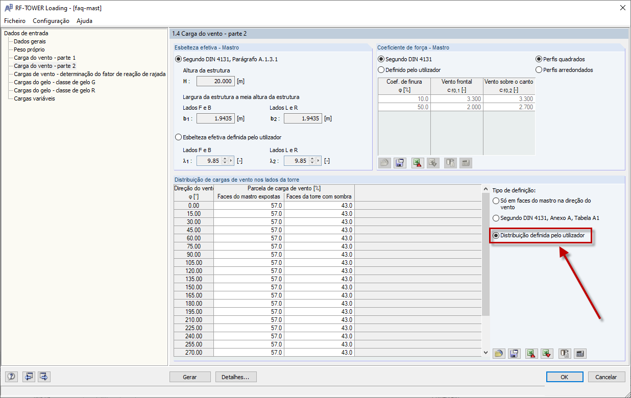 Carga de vento – Distribuição definida pelo utilizador