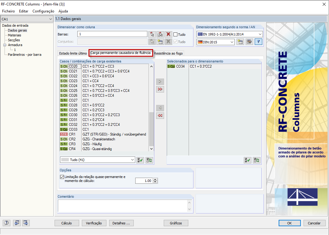 Janela "1.1 Dados gerais" com o separador "Carga permanente causadora de fluência"