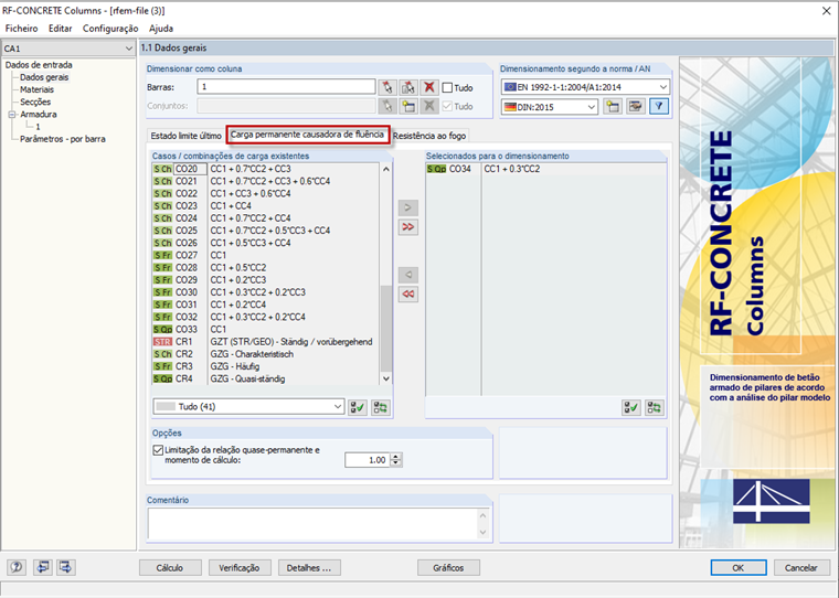 Janela "1.1 Dados gerais" com o separador "Carga permanente causadora de fluência"