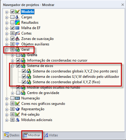 Configuração para visualizar o sistema de eixos no Navegador de projetos – Mostrar