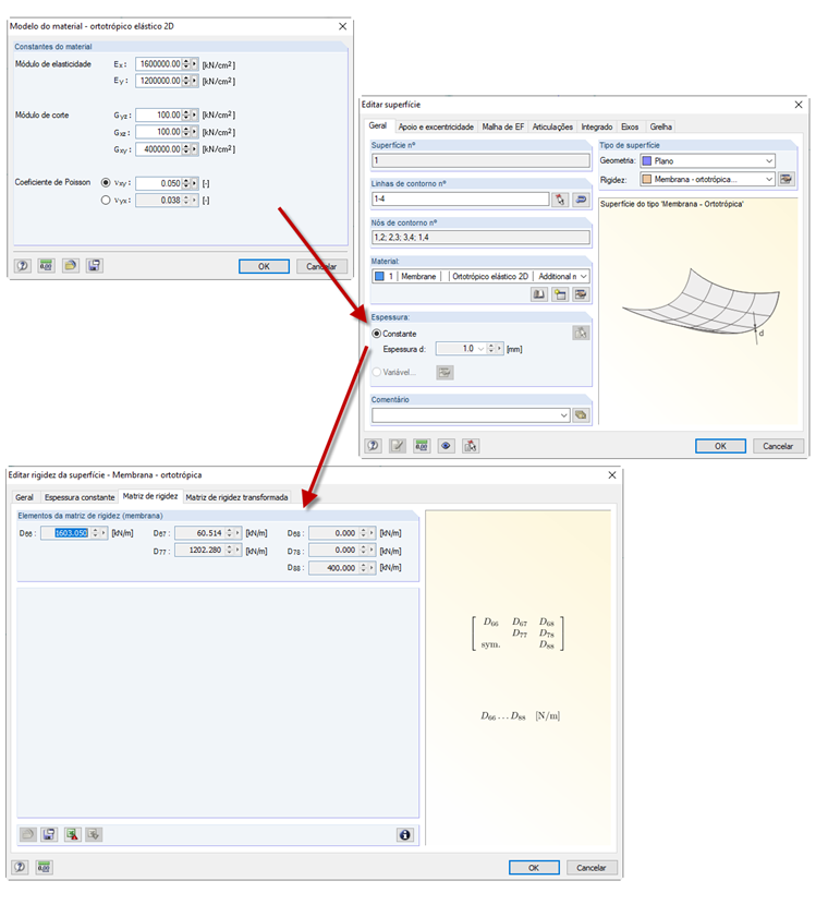 Interação da entrada de rigidez e da especificação de espessura