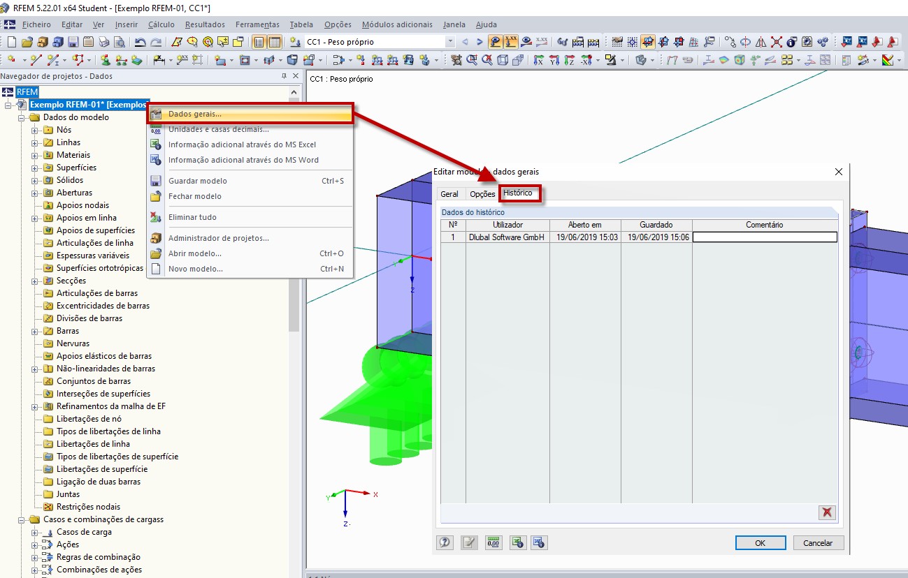 Abrir o histórico dos Dados gerais