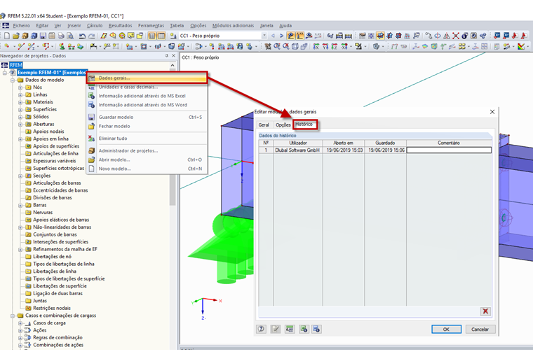 Abrir o histórico dos Dados gerais