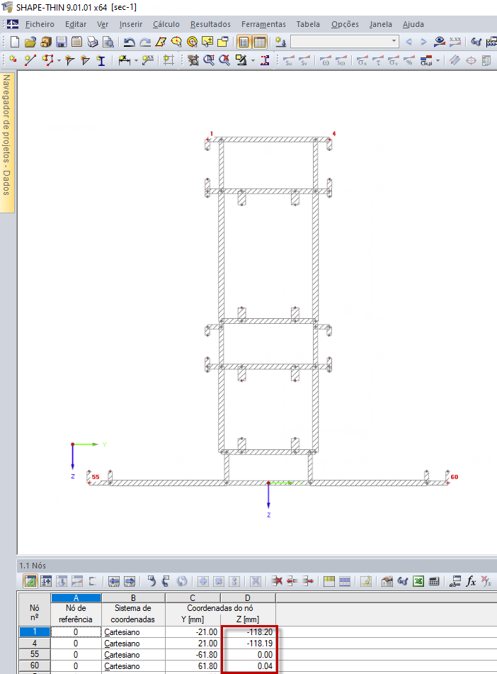 Diferentes coordenadas Z da secção