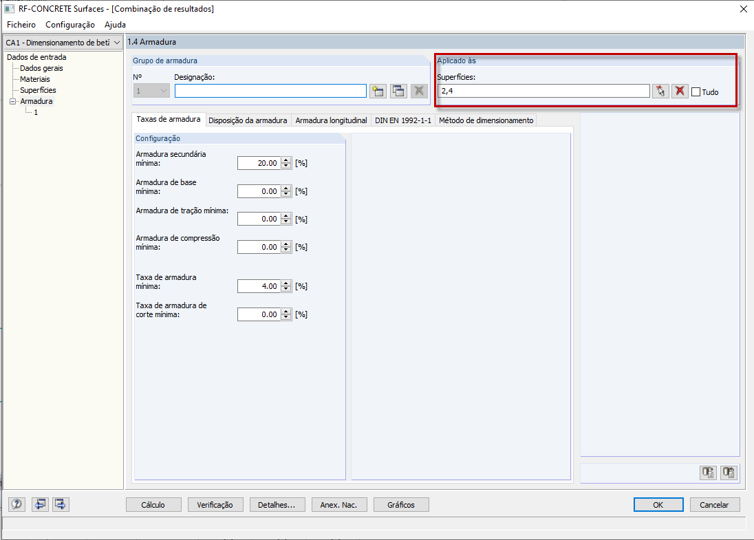 Seleção de superfícies para dimensionamento na janela 1.4 Armadura do RF-CONCRETE Surfaces