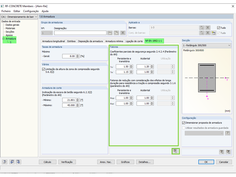 Janela 1.6 com a configuração dos coeficientes parciais de segurança para dimensionamento