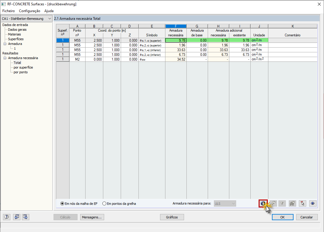 Janela de resultados 2.1 no RF-CONCRETE Surfaces com superfícies de armadura calculadas em [cm²/m]