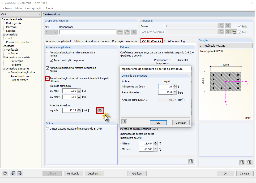 Janela 1.4 com a especificação da armadura mínima para a verificação no RF-/CONCRETE Columns
