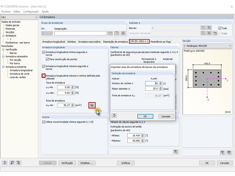 Janela 1.4 com a especificação da armadura mínima para a verificação no RF-/CONCRETE Columns