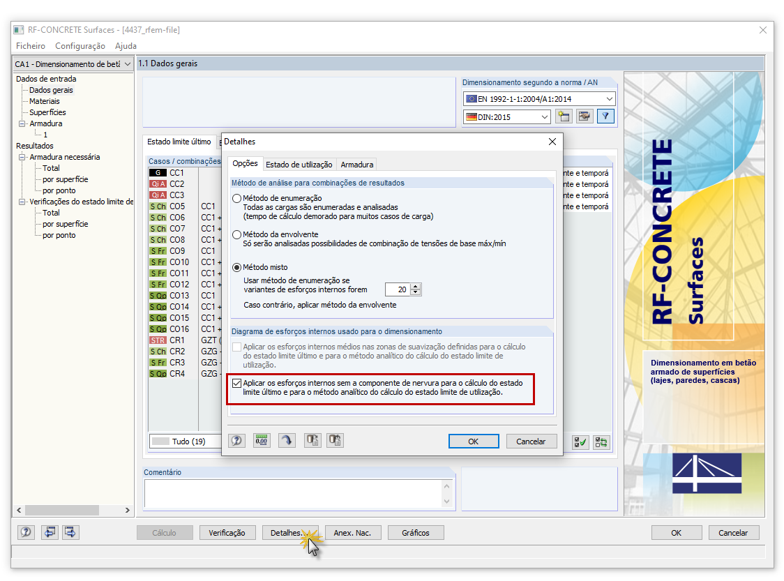 Configuração nos detalhes do RF-CONCRETE Surfaces