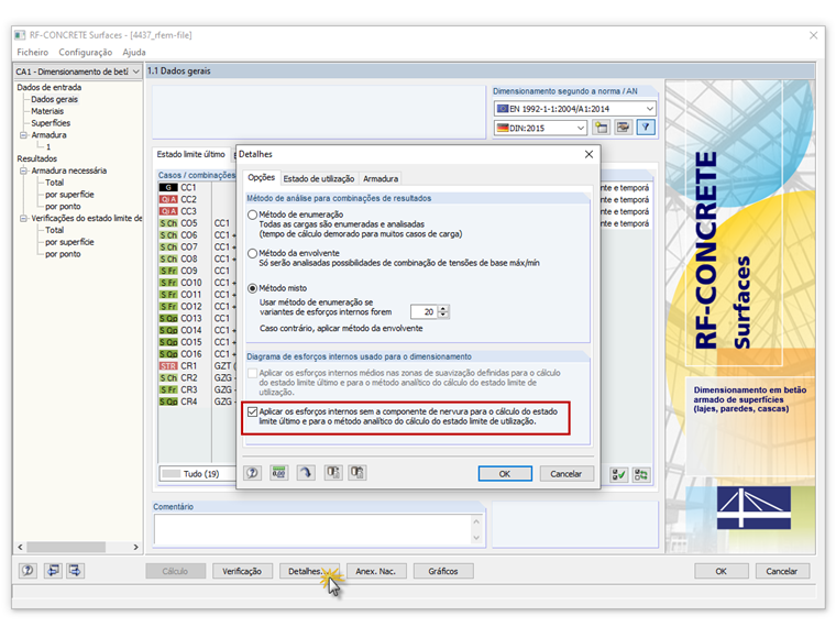 Configuração nos detalhes do RF-CONCRETE Surfaces