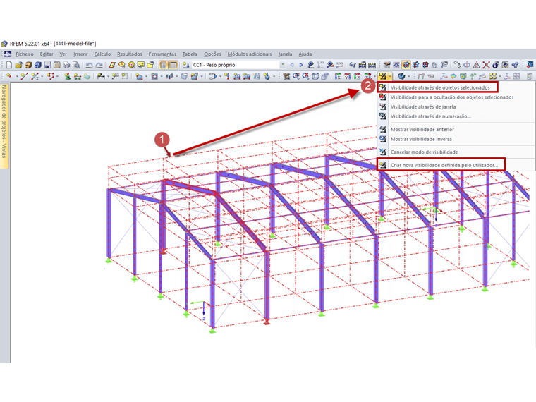 Selecionar objetos incluindo a quadrícula (1) e definir a visibilidade (2)