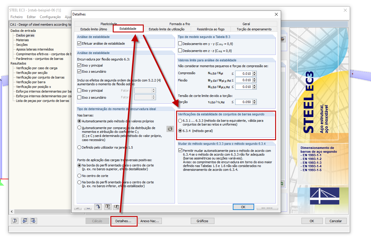 Seleção do método de cálculo para conjuntos de barras
