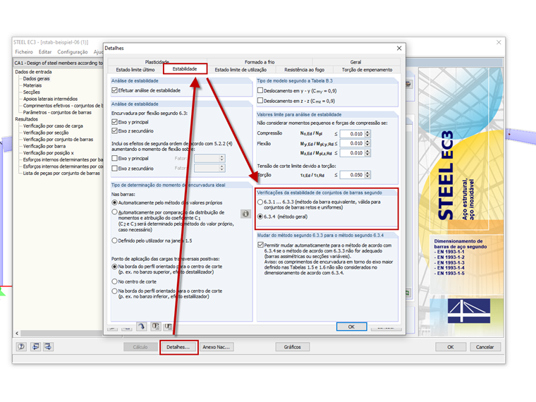 Seleção do método de cálculo para conjuntos de barras