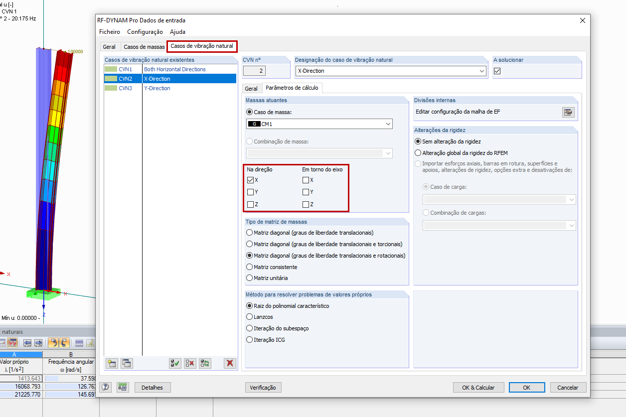 Casos de vibração natural separados para direções individuais