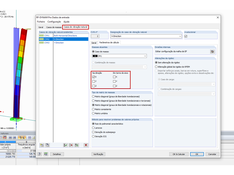 Casos de vibração natural separados para direções individuais