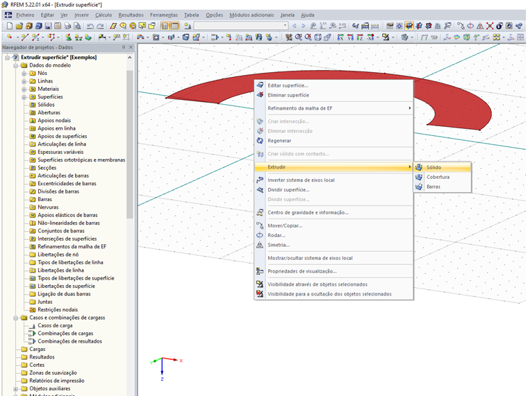 Menu de atalho da superfície "Extrudir → Sólido"