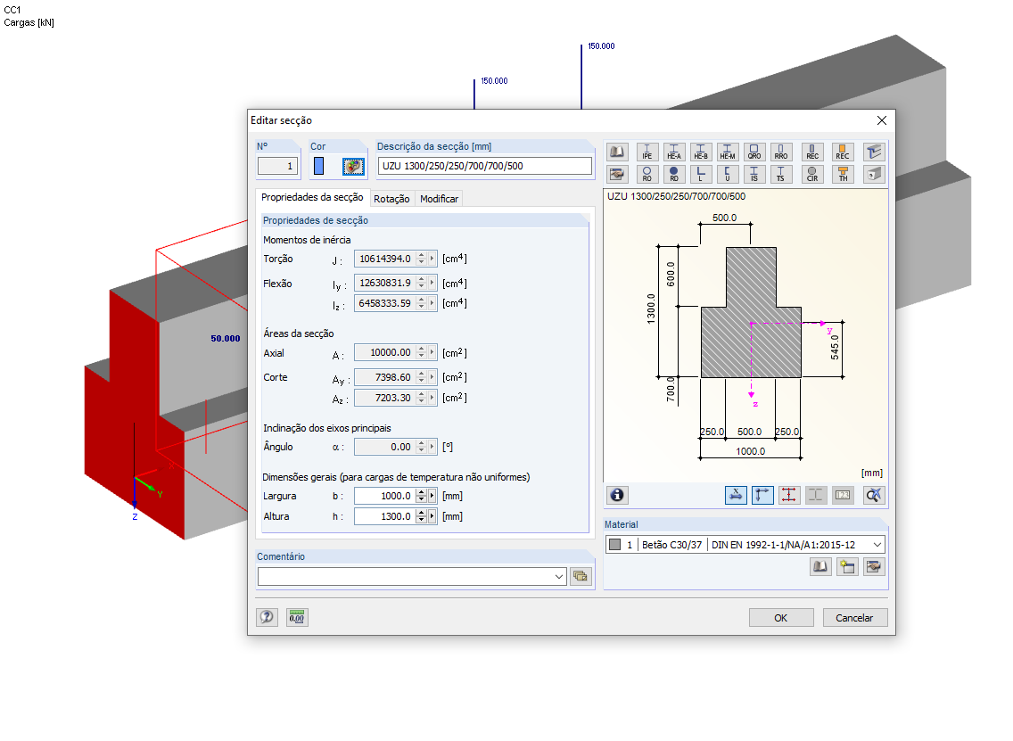 Secção do revestimento de betão armado