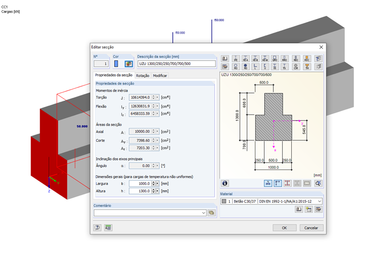 Secção do revestimento de betão armado