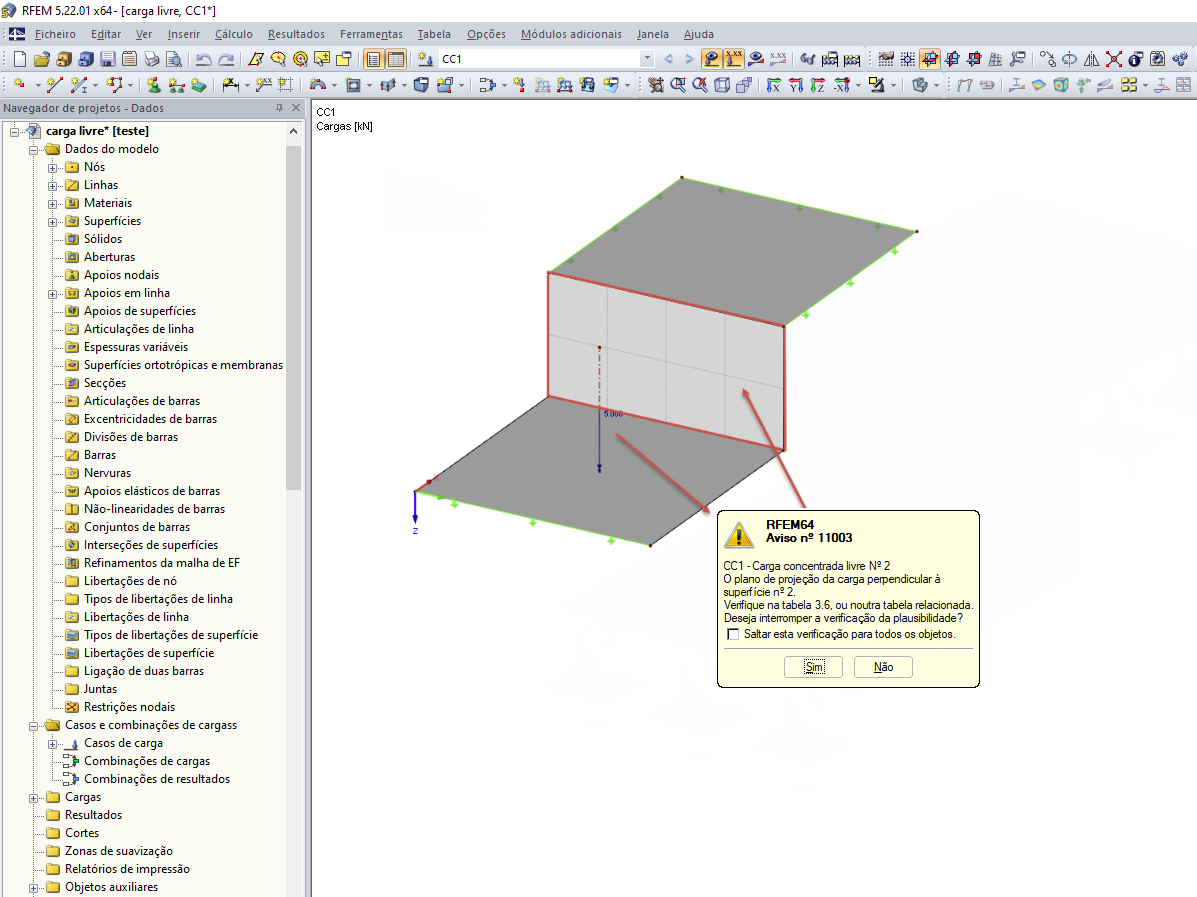 Aviso "Plano de projeção da carga perpendicular à superfície"