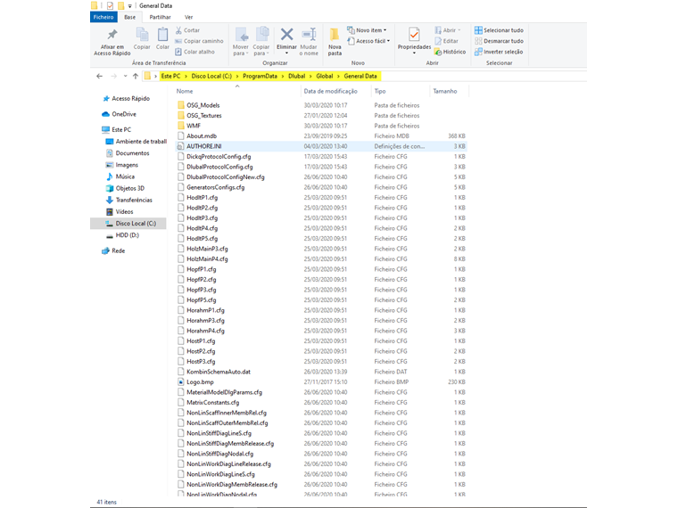 Pode encontrar o ficheiro AUTHORE.INI na pasta C:\ProgramData\Dlubal\Global\General Data