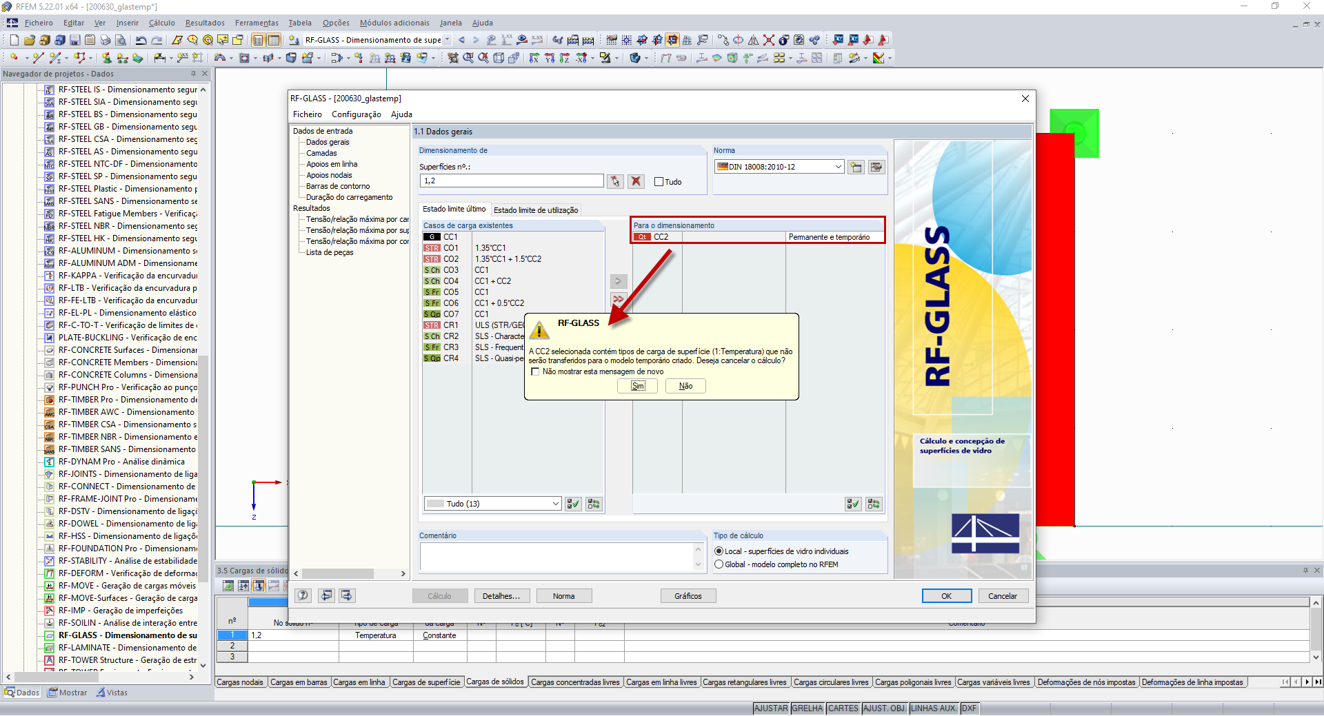 Mensagem sobre o caso de carga com cargas de temperatura