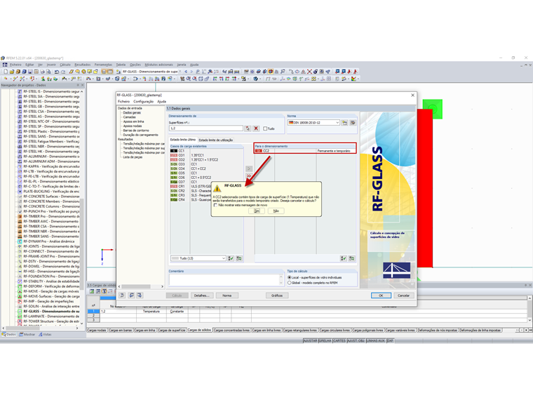 Mensagem sobre o caso de carga com cargas de temperatura