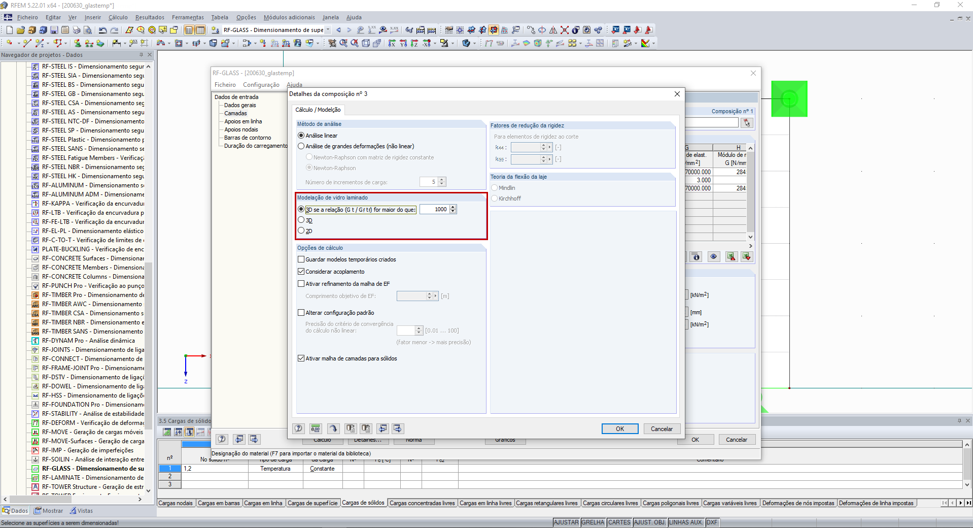 Configuração predefinida para a modelação de vidro laminado