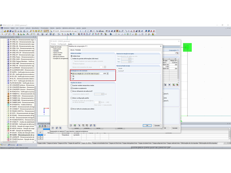 Configuração predefinida para a modelação de vidro laminado