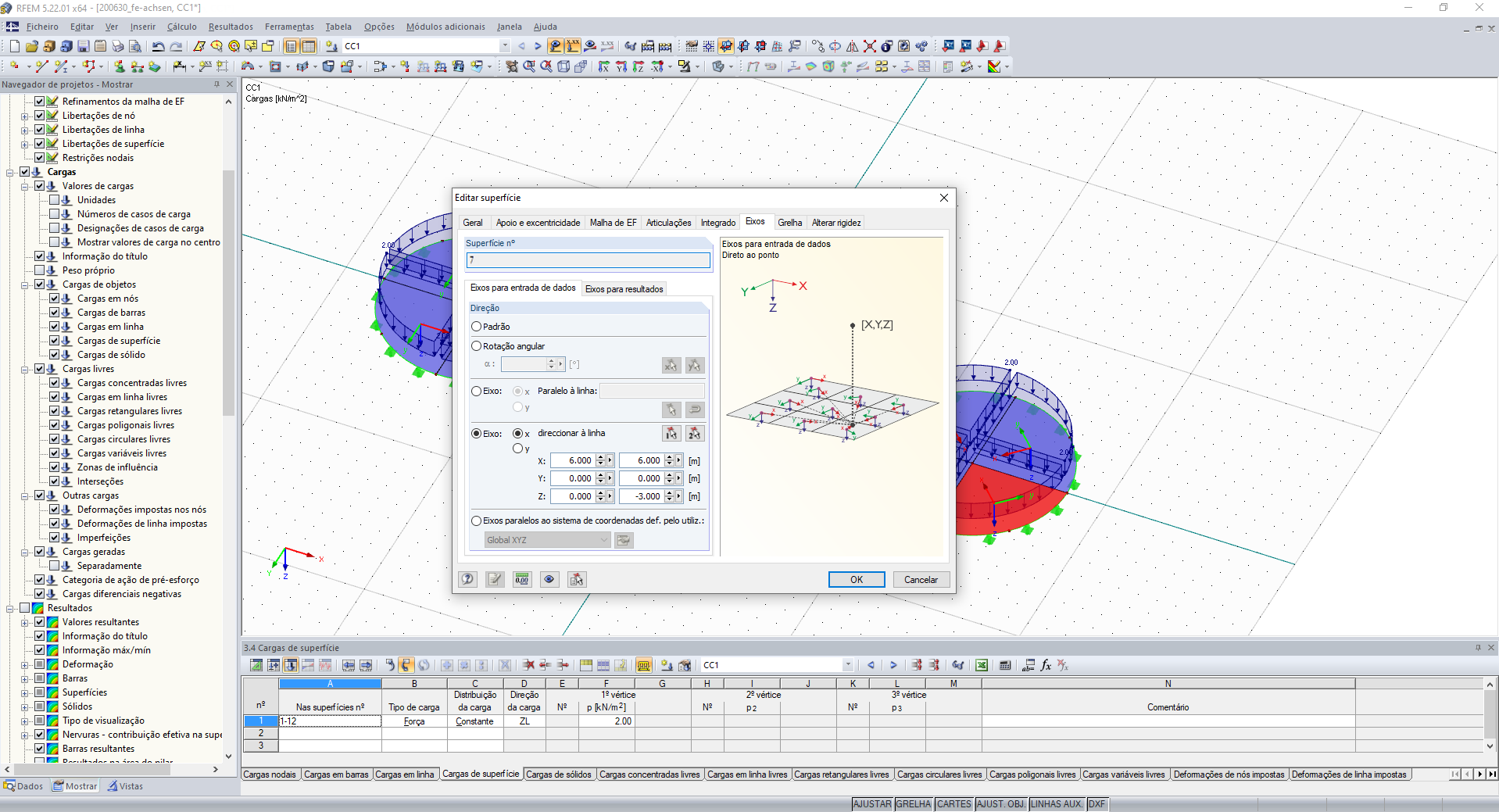 Editar superfície – separador "Eixos para entrada de dados"