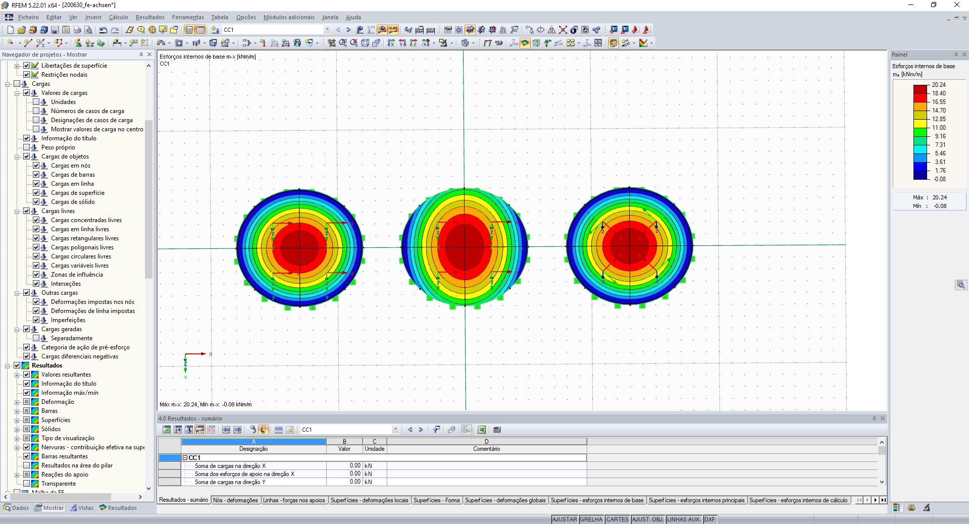 Resultados – esforços internos de base m-x
