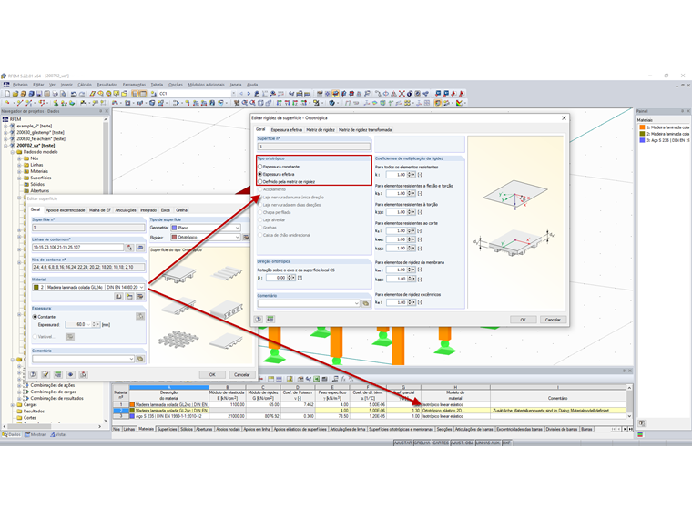 Parâmetros de rigidez – Modelo com material ortotrópico elástico