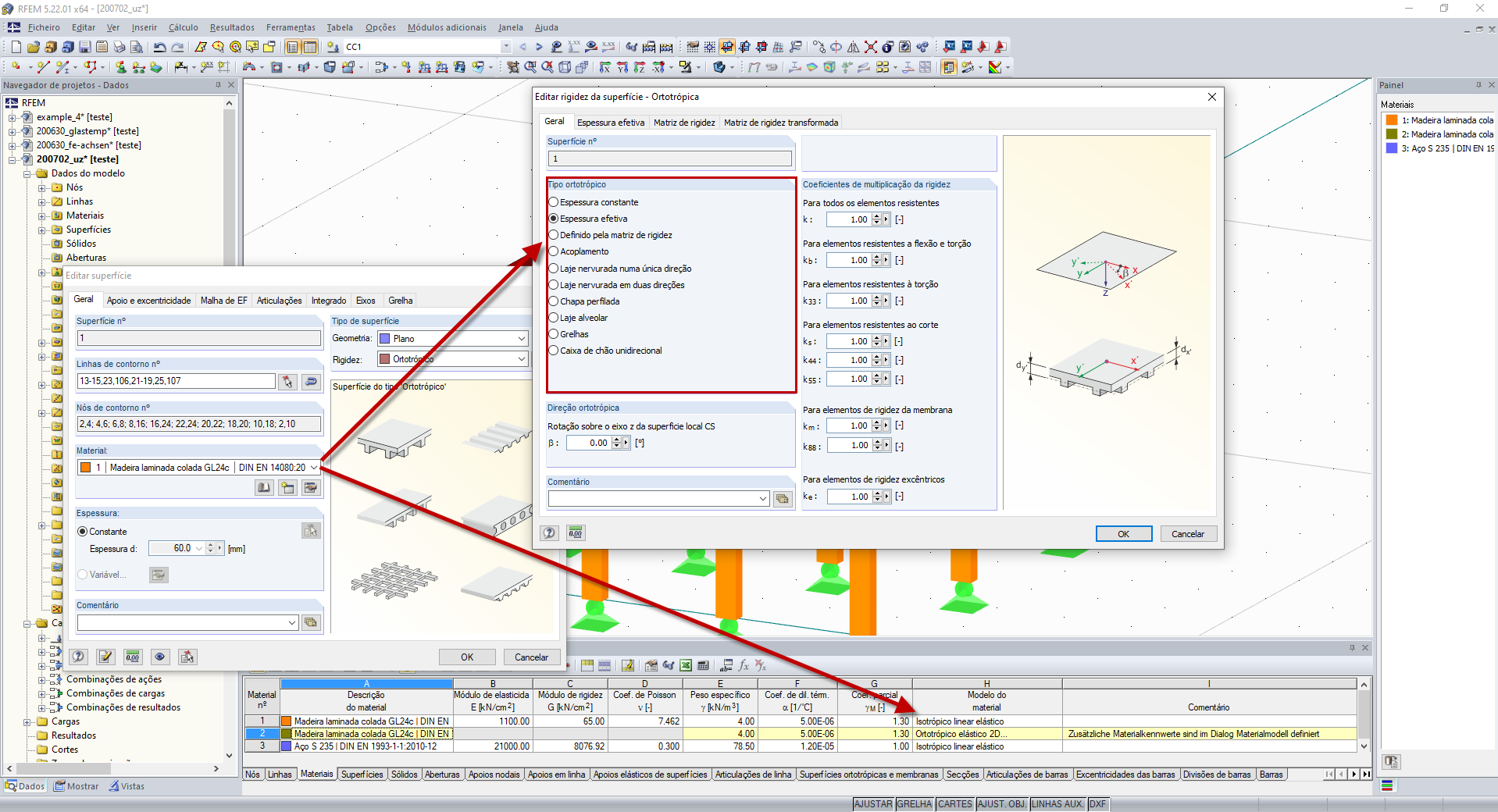 Parâmetros de rigidez – Modelo com material isotrópico linear elástico