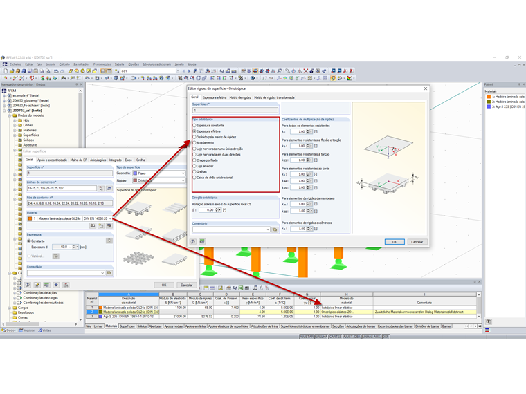 Parâmetros de rigidez – Modelo com material isotrópico linear elástico