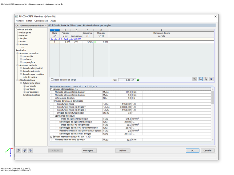 Janela 6.1.1 com os resultados do ULS para cálculo não linear por secção