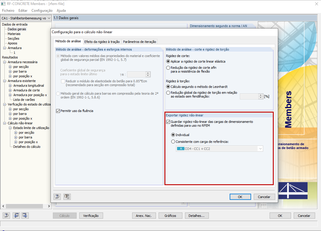 Configuração para o cálculo não linear do SLS no RF-CONCRETE Members