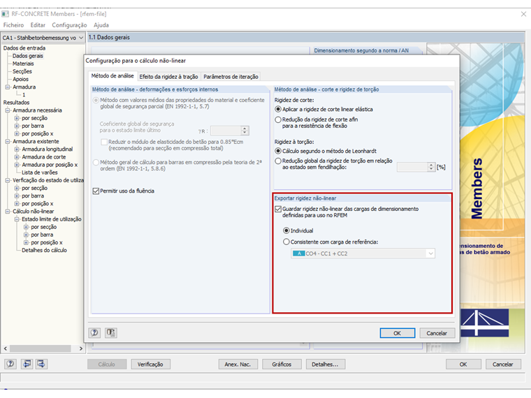 Configuração para o cálculo não linear do SLS no RF-CONCRETE Members