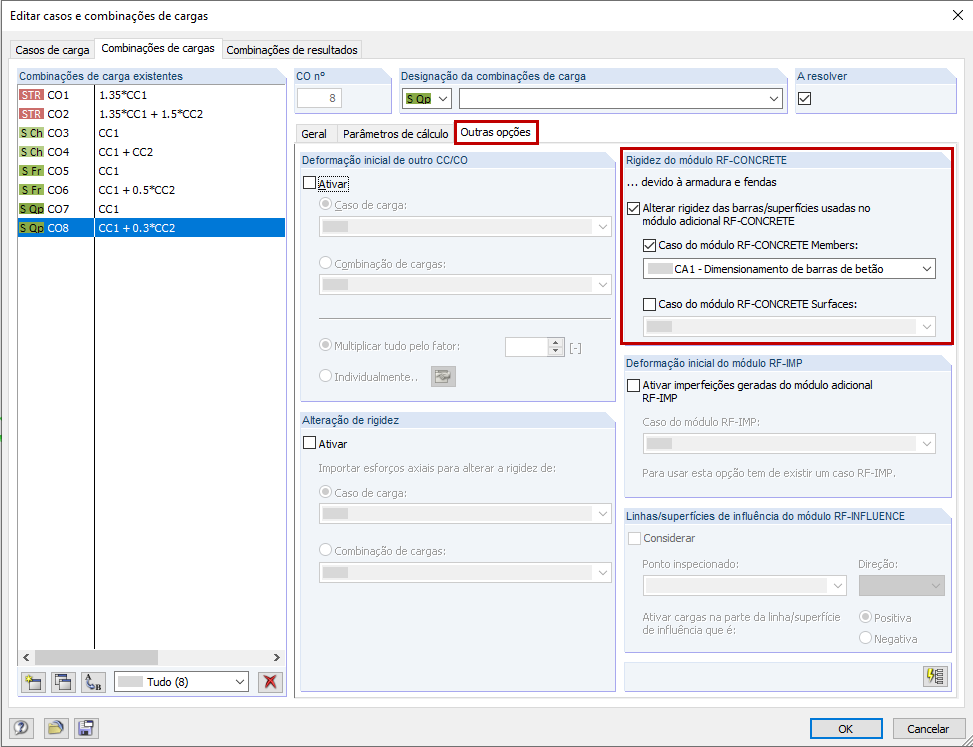 Outras opções nos parâmetros de cálculo das combinações de carga no RFEM