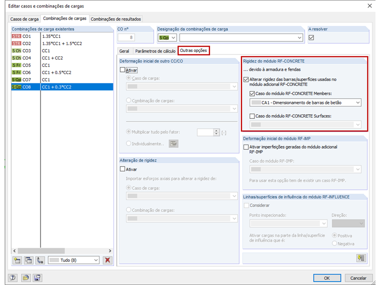 Outras opções nos parâmetros de cálculo das combinações de carga no RFEM