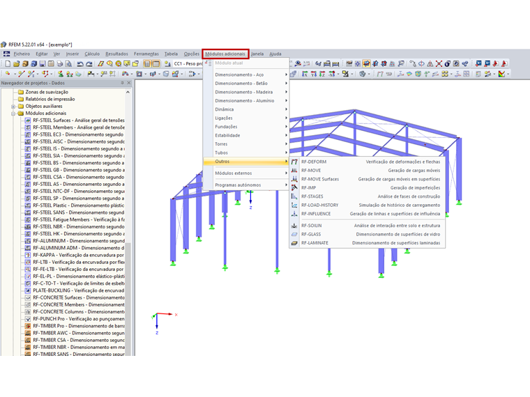 Módulos adicionais no menu