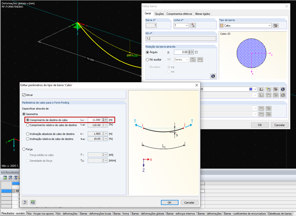 Introdução do comprimento de destino do cabo
