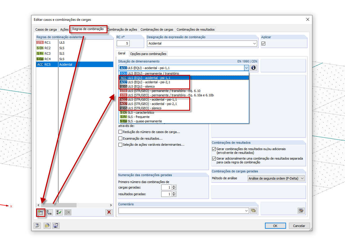 Criação de uma nova regra de combinação e seleção da situação de dimensionamento