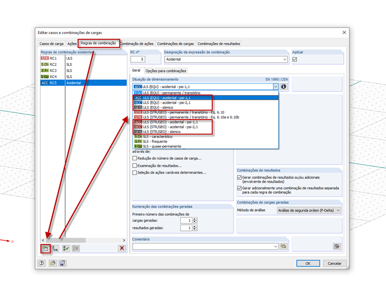 Criação de uma nova regra de combinação e seleção da situação de dimensionamento