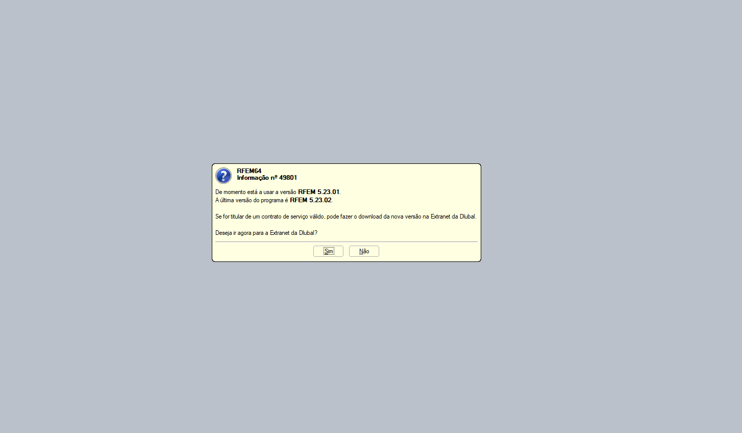 Informação ao abrir uma versão mais antiga do programa