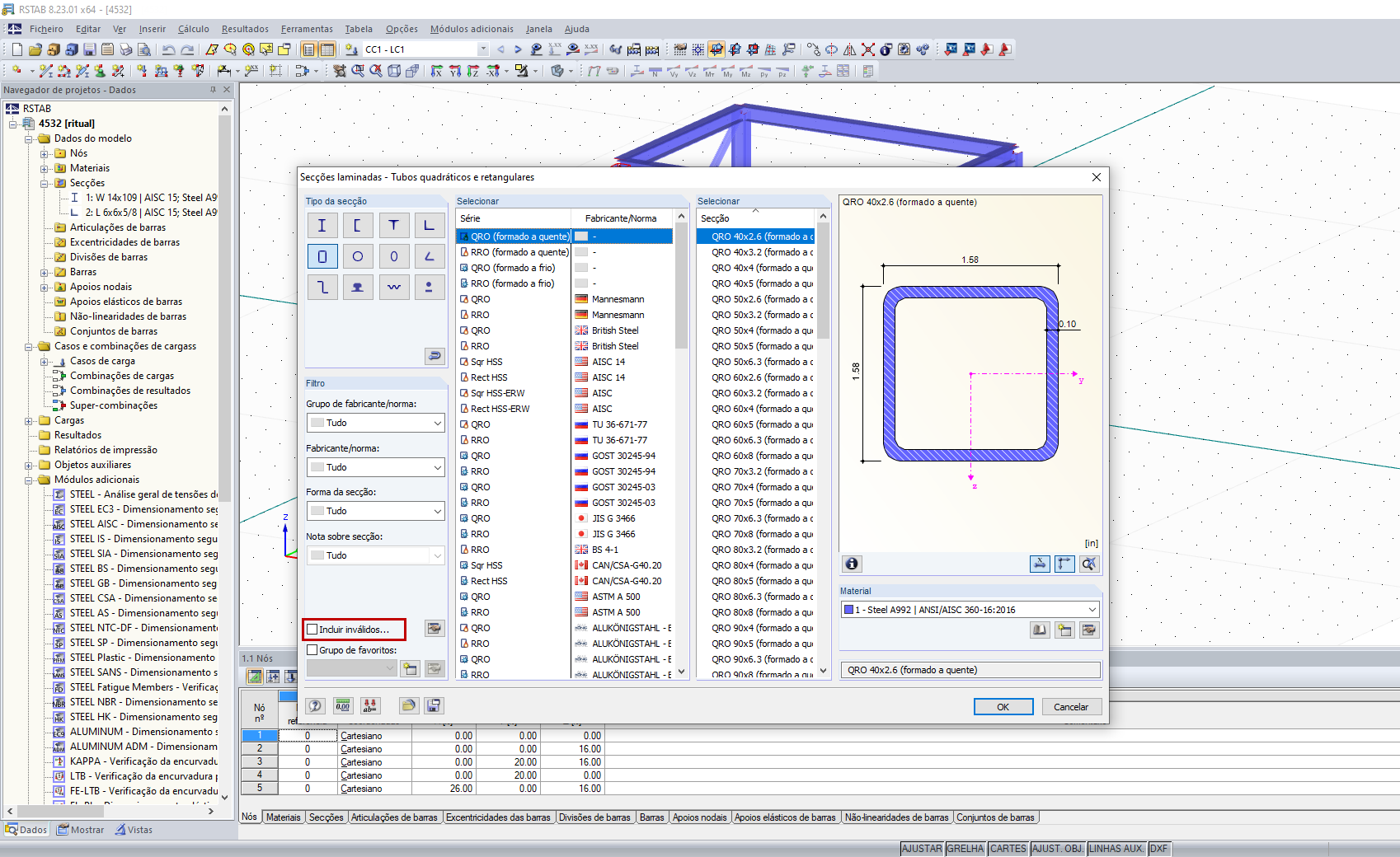 Seleção de secção – Configurações padrão